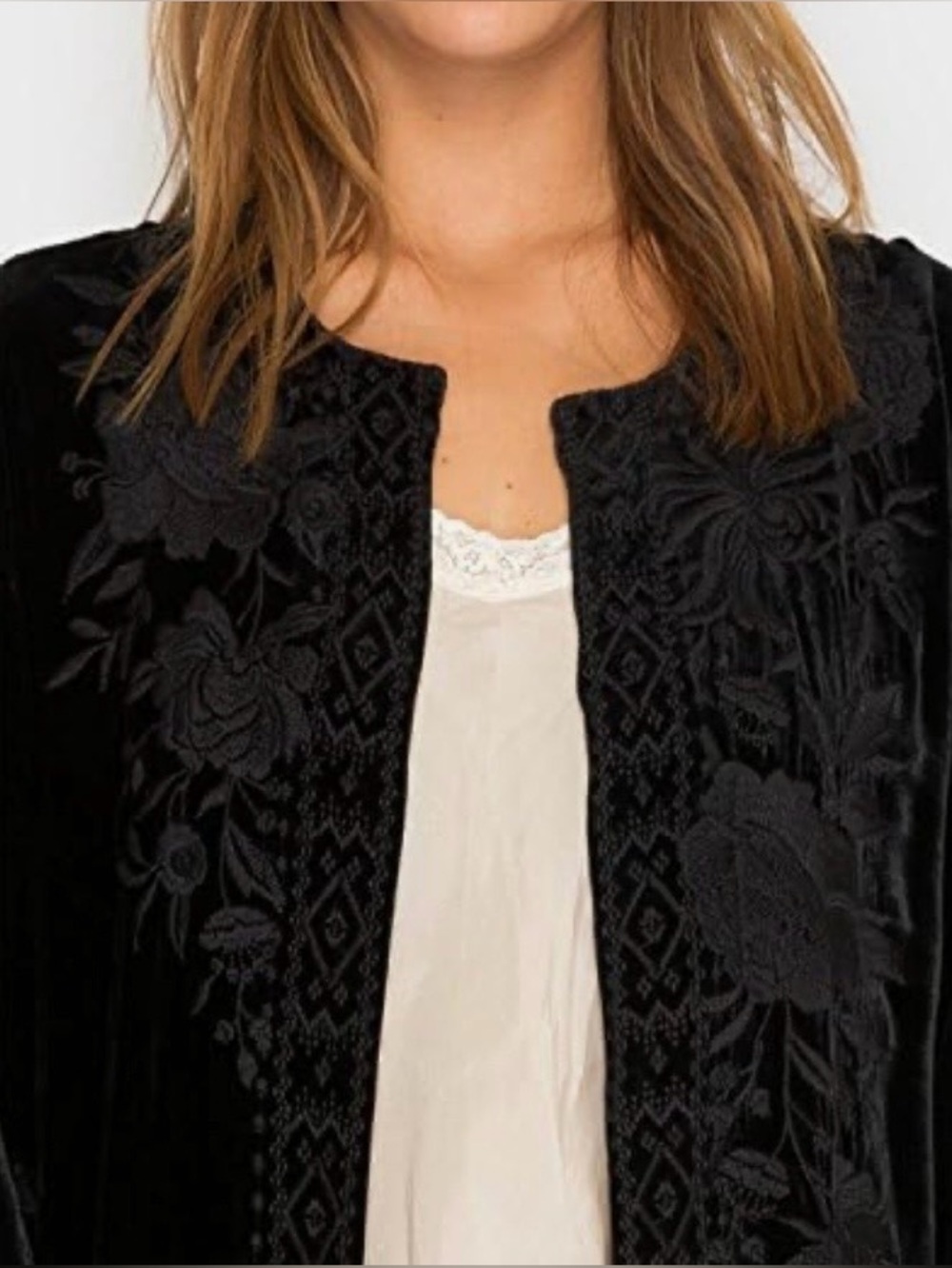 Johnny Was Black Velvet Floral Embroidered Bell Sleeve Kimono Duster Cardigan - Picture 4 of 15